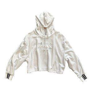 ADIDAS WOMENS PULLOVER HOODIE, CROPPED TAG L, WHITE, SPORTY SLEEVES OPEN